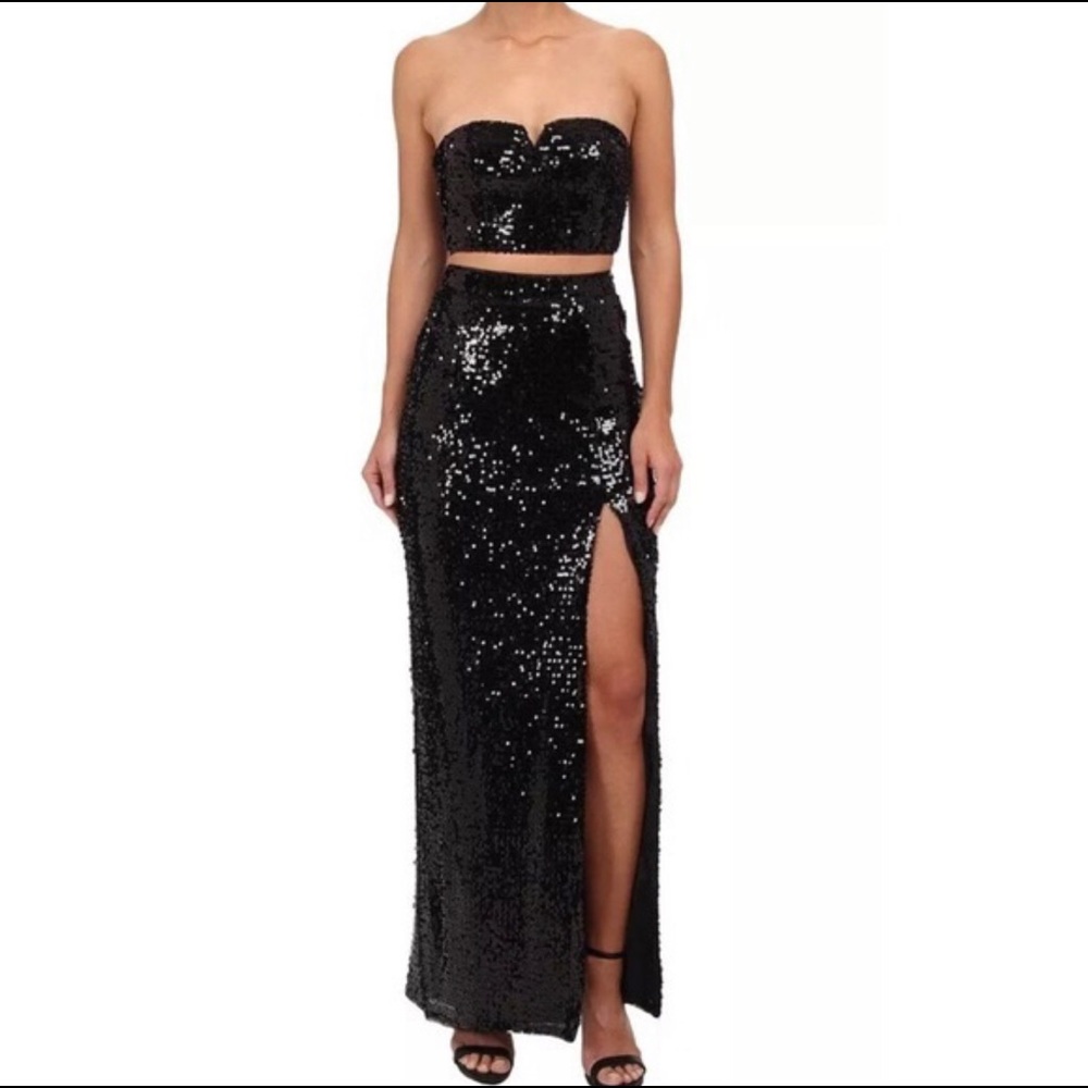 Aidan Mattox Black Sequin Strapless Gown